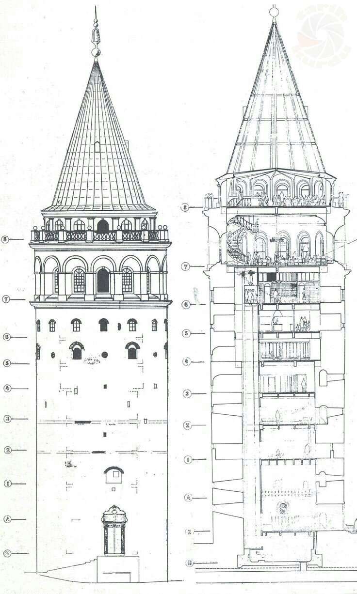Galata Kulesi'nin iç kısmını da görebileceğiniz mimari planı