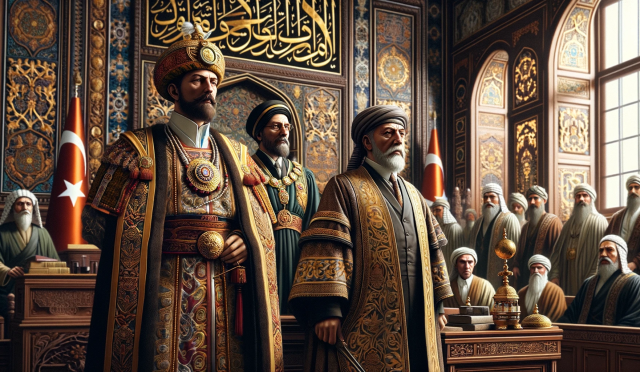 DALL·E 2023-11-16 17.19.16 - A detailed Ottoman courtroom scene, emphasizing accuracy in clothing and setting. The central figure is a sultan wearing authentic Ottoman regalia, al
